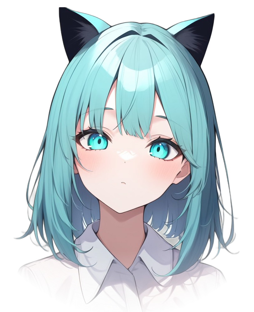 白いシャツを着ており、水色の肩にかからないくらいの長さの髪と、その髪と同じ水色の目をした猫耳少女が首を少しかしげてこちらを見ている、NovelAI Diffusion v2で生成されたAIイラスト